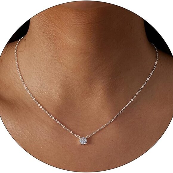 Dainty CZ Diamond Solitaire Pendant Necklaces for Women 14K Gold Plated Single R - Picture 1 of 7